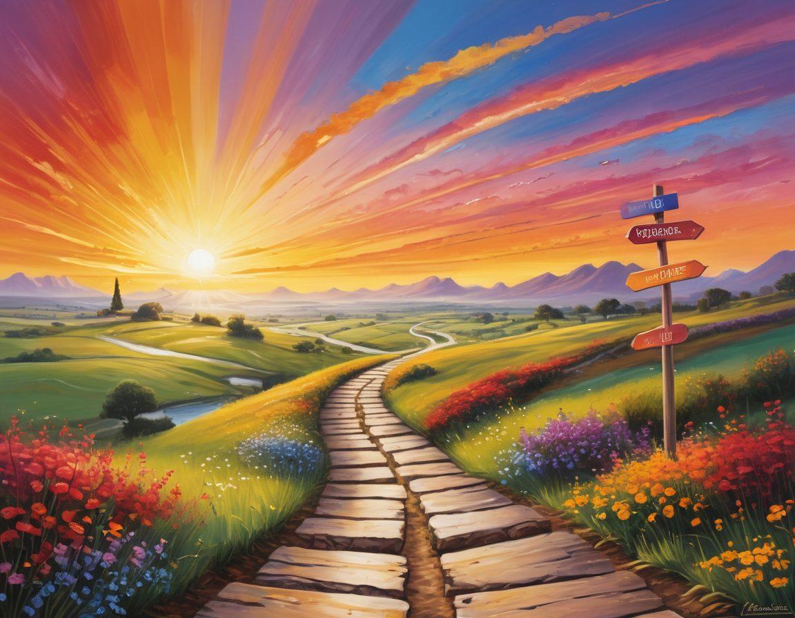 A metaphorical pathway winding through a vibrant landscape, representing the journey from job listings to job satisfaction. Include signposts labeled 'Opportunities', 'Skill Development', and 'Work-Life Balance'. In the background, depict a bright sunrise symbolizing hope and success. Add diverse people walking along the path, engaged and optimistic about their careers. painting. vibrant colors.
