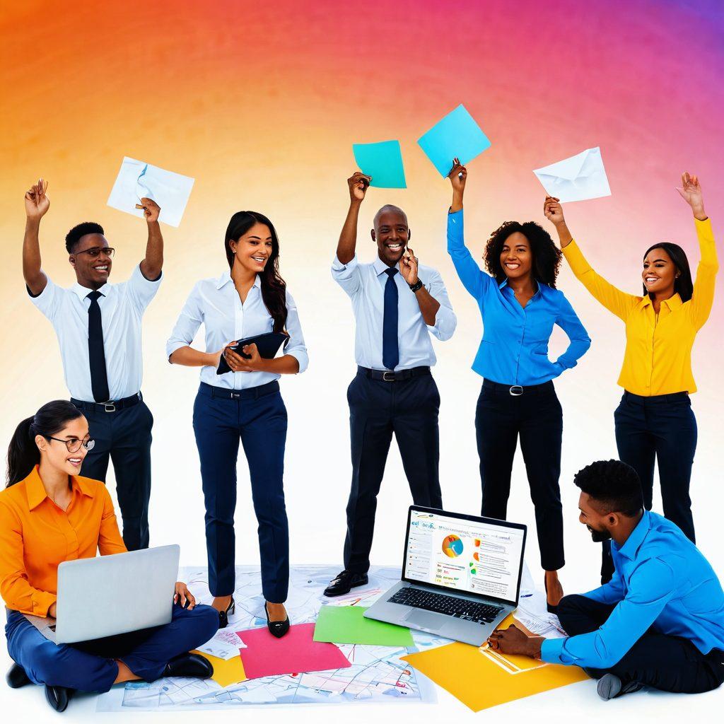 A vibrant scene depicting a diverse group of people joyfully engaged in job hunting activities, with colorful resumes and laptops scattered around. In the background, a bright sunrise symbolizes new beginnings, while elements like a map, compass, and growth charts suggest career advancement. The overall atmosphere is lively and hopeful, embodying fulfillment and success. super-realistic. vibrant colors. white background.